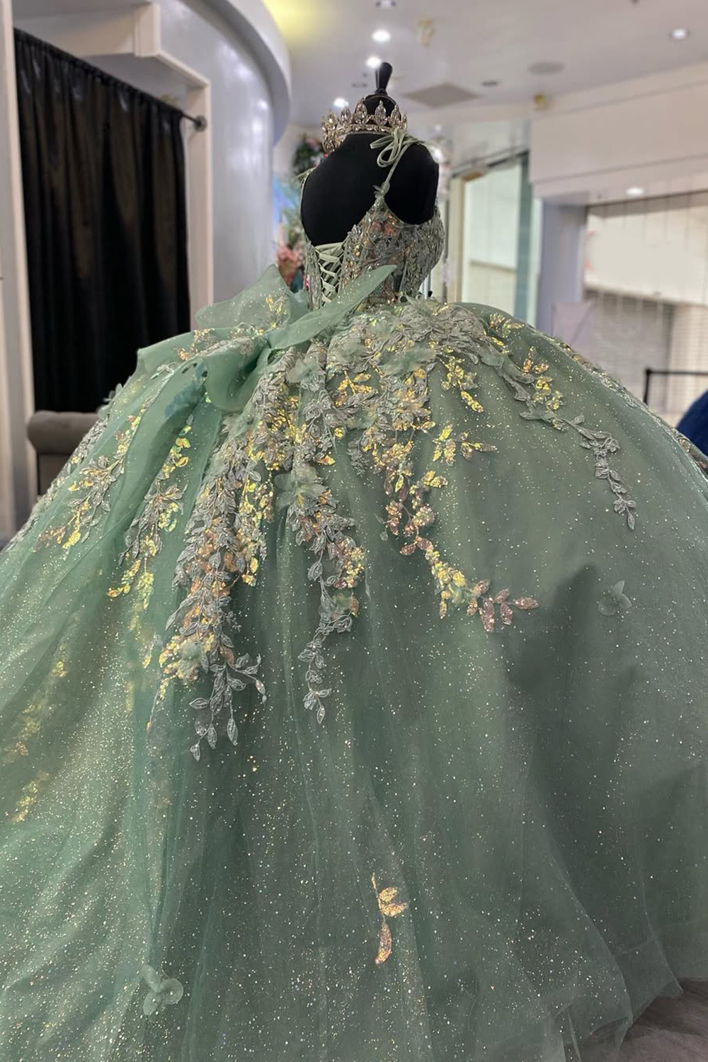 Sparkly Dusty Sage Spaghetti Straps Ball Gown Tulle Quinceanera Dress with Appliques