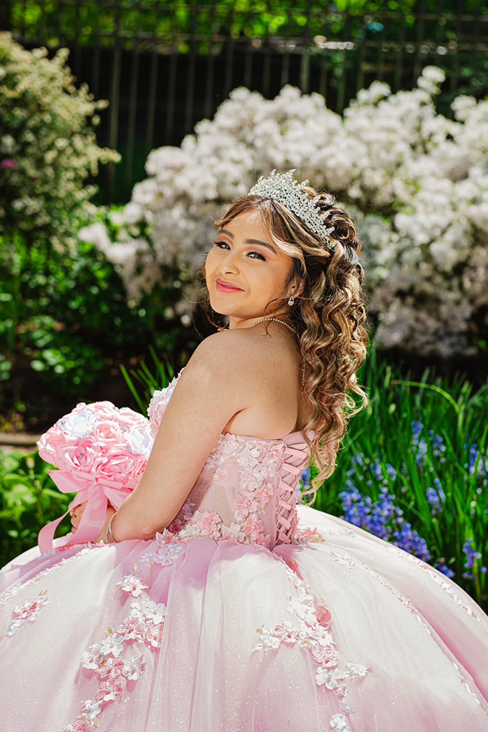Blush Sweetheart Ball Gown Tulle Quinceanera Dress with Flower Appliques