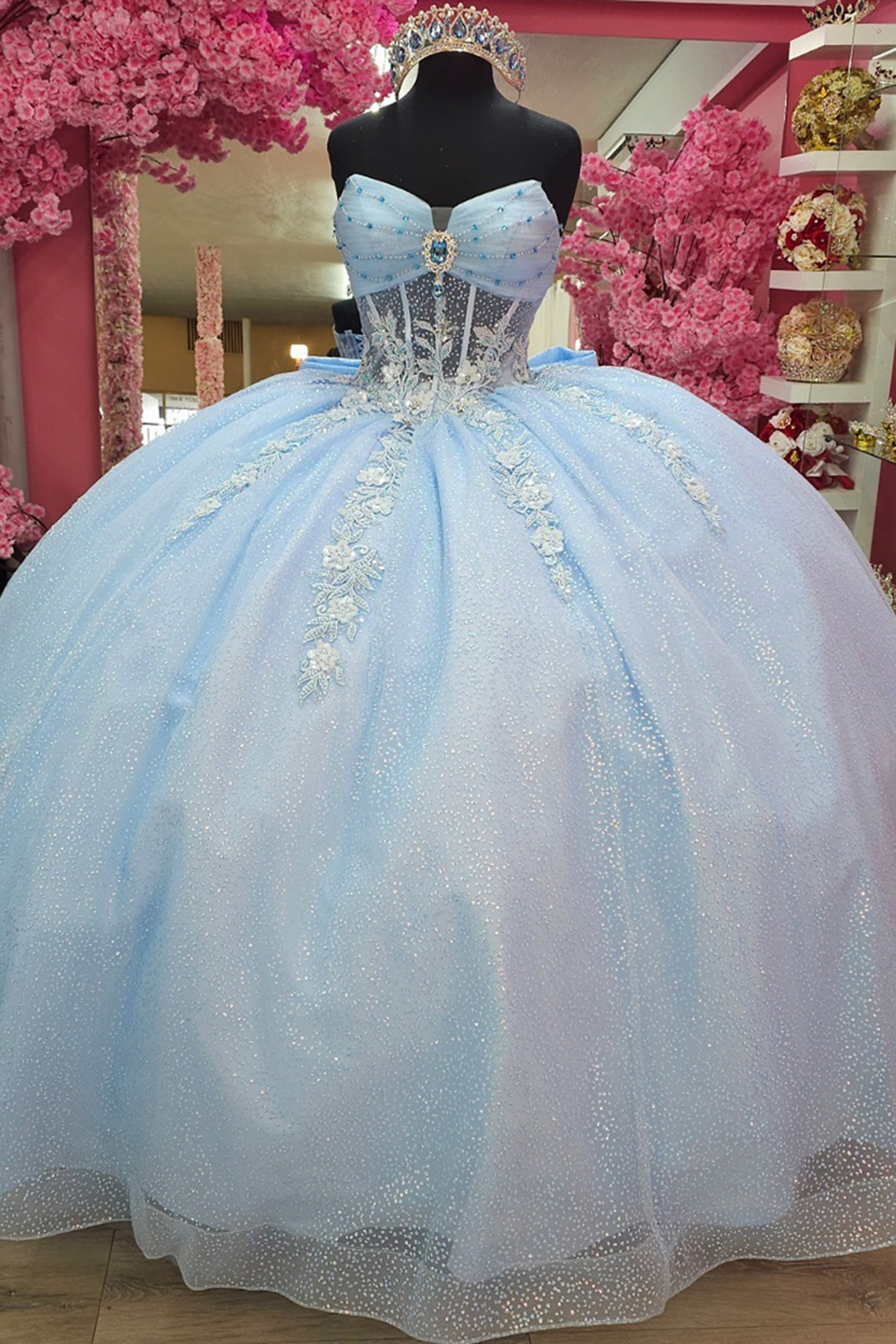 Sky Blue Sweetheart Ball Gown Tulle Applqiued Quinceanera Dress with Bow