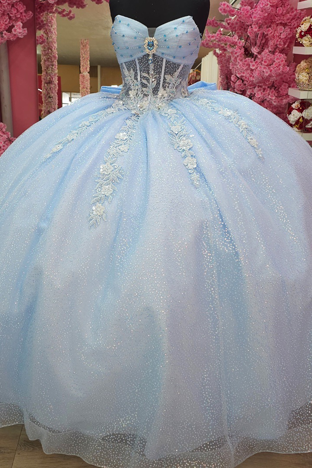 Sky Blue Sweetheart Ball Gown Tulle Applqiued Quinceanera Dress with Bow