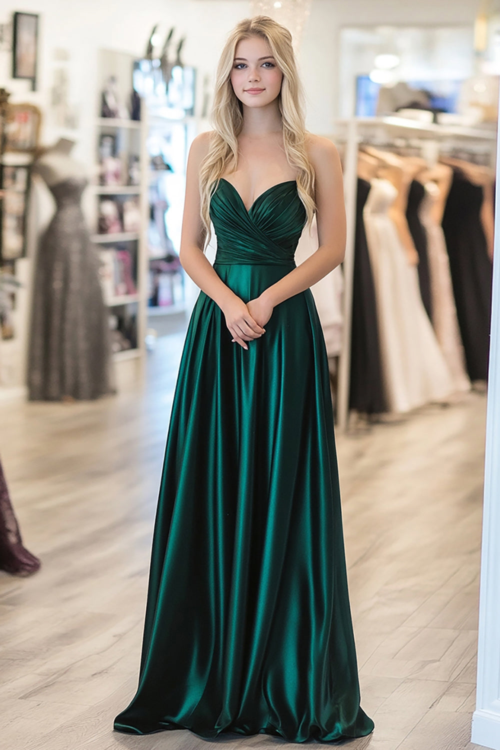 Satin A Line Dark Green Ruched Long Prom Dress