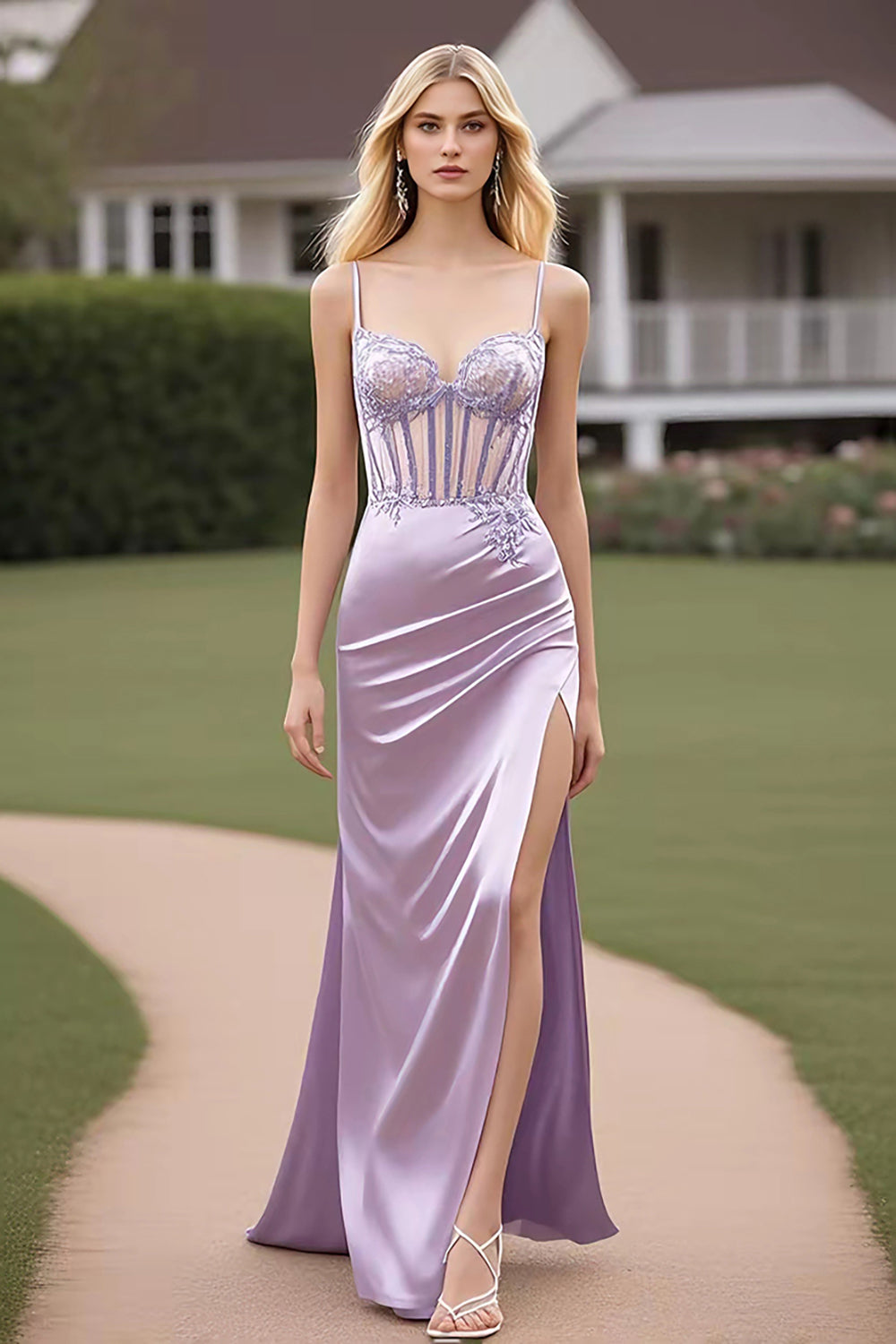 Sheath Satin Lilac Spaghetti Straps Corset Prom Dress with Slit