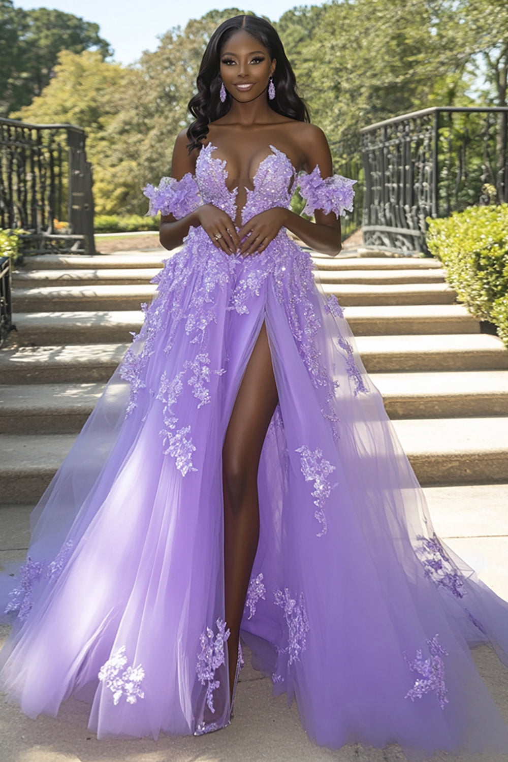 Off The Shoulder A Line Lilac Appliqued Long Prom Dress with Slit