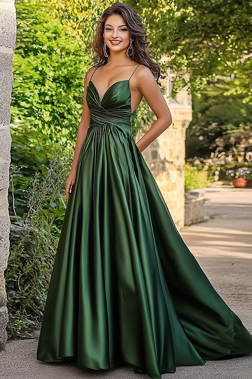 Dark Green Satin Spaghetti Straps A Line Sleeveless Prom Dress