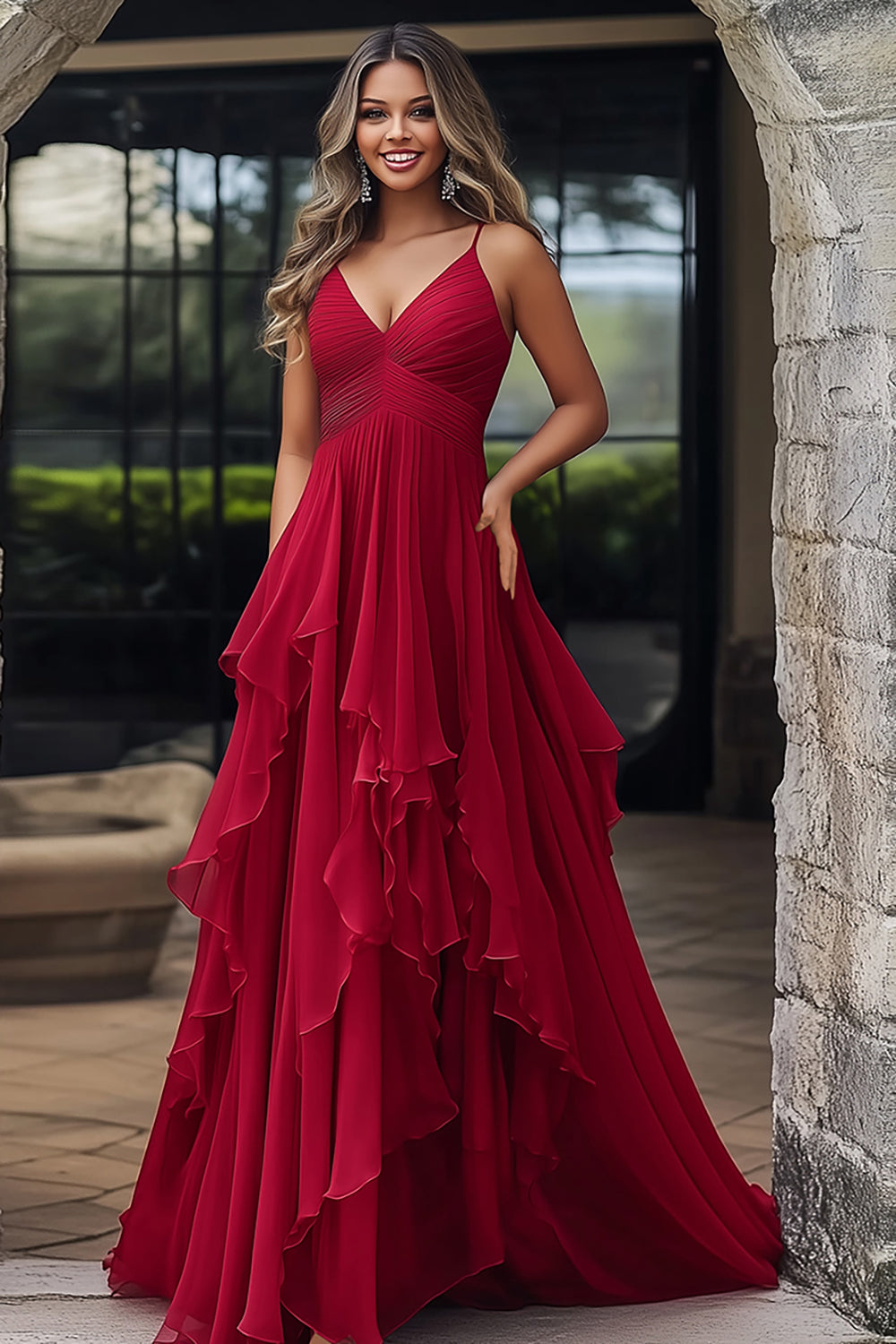 Spaghetti Straps V-Neck Red A Line Chiffon Prom Dress with Ruffles