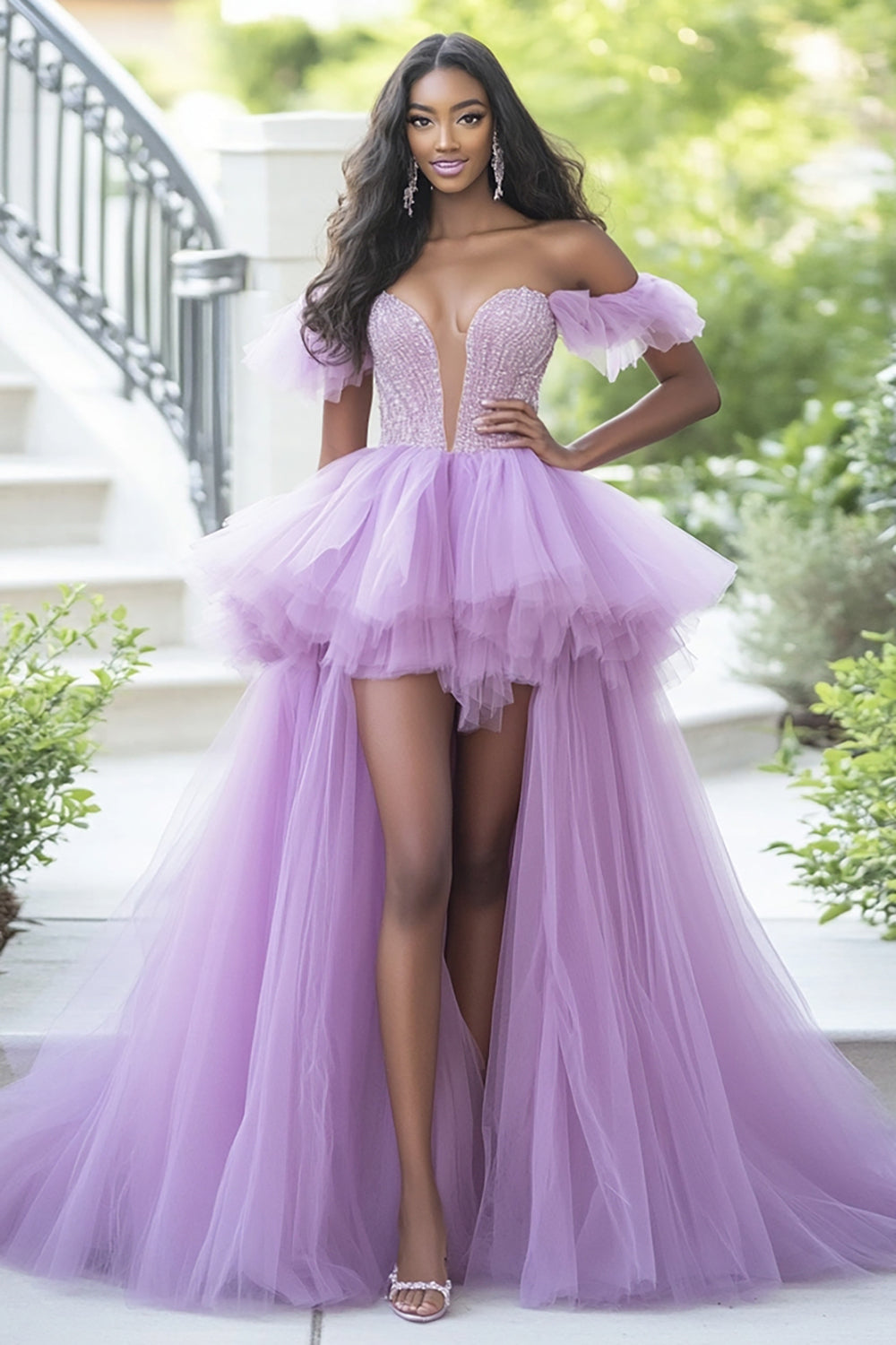 High-Low Tulle Light Purple Off The Shoulder Prom Dress with Ruffles
