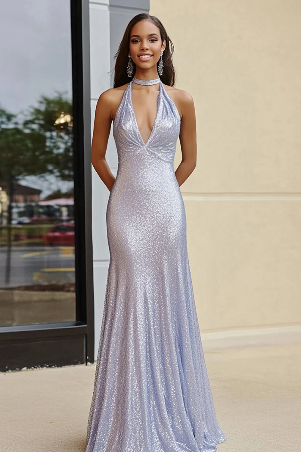 V-Neck Sheath Sparkly Silver Sequins Floor Length Prom Dress