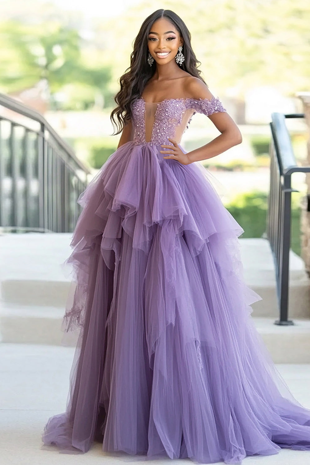 Tulle Ruffled Grey Purple Off the Shoulder Ball Gown Prom Dress