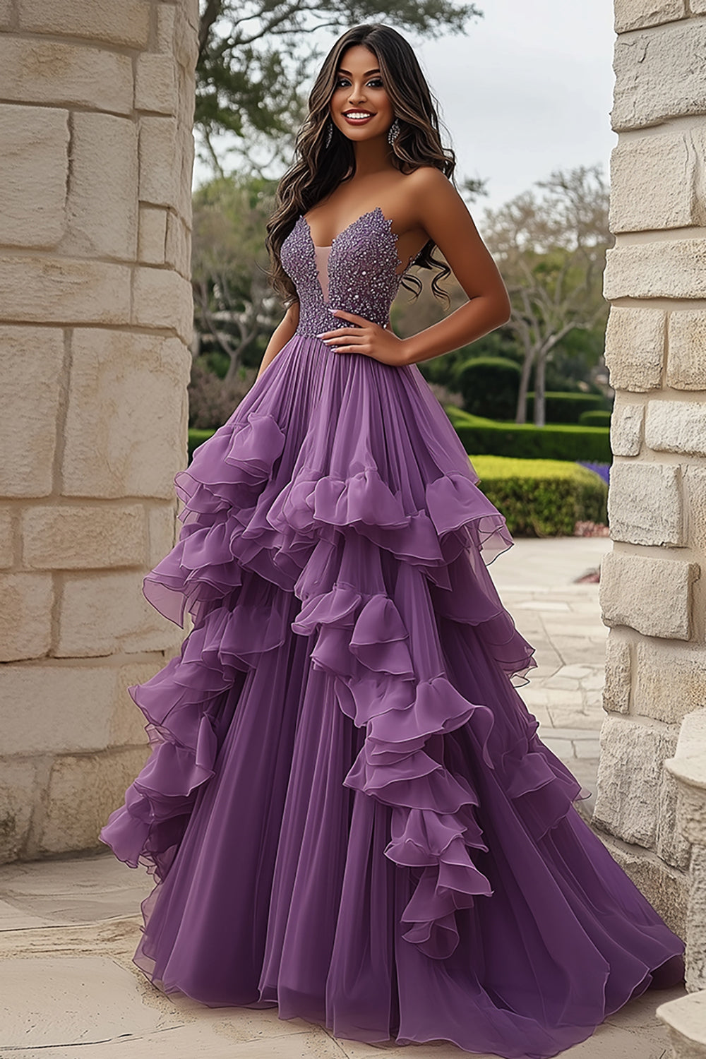 Strapless Pleated Plum Ball Gown Ruffled Prom Dress