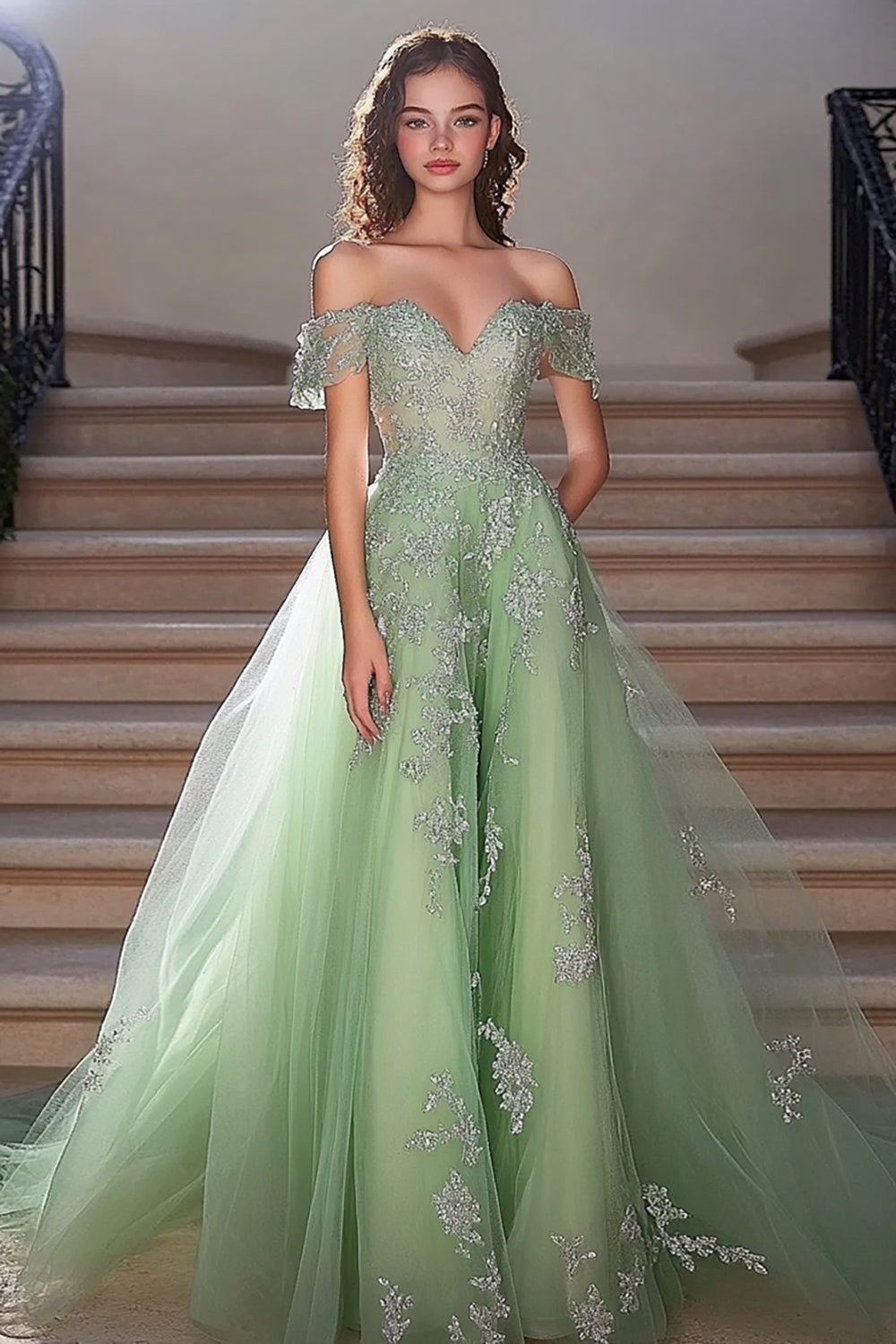 Off the Shoulder Sage A Line Lace Prom Dress with Appliques