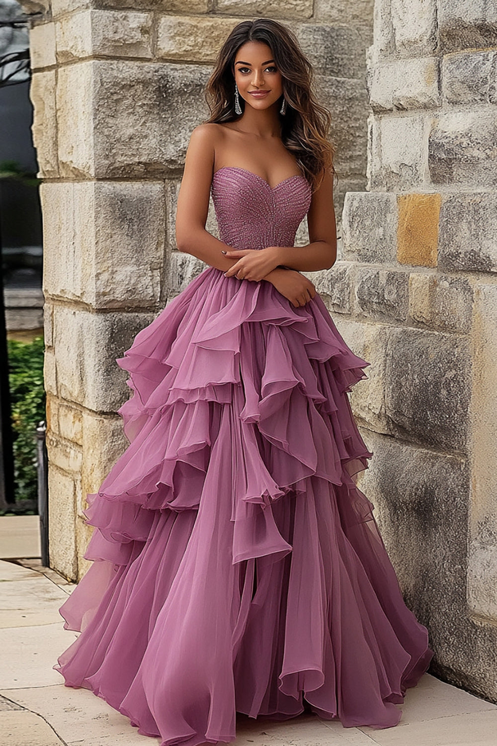 Sweetheart Ball Gown Vintage Mauve Ruffled Prom Dress
