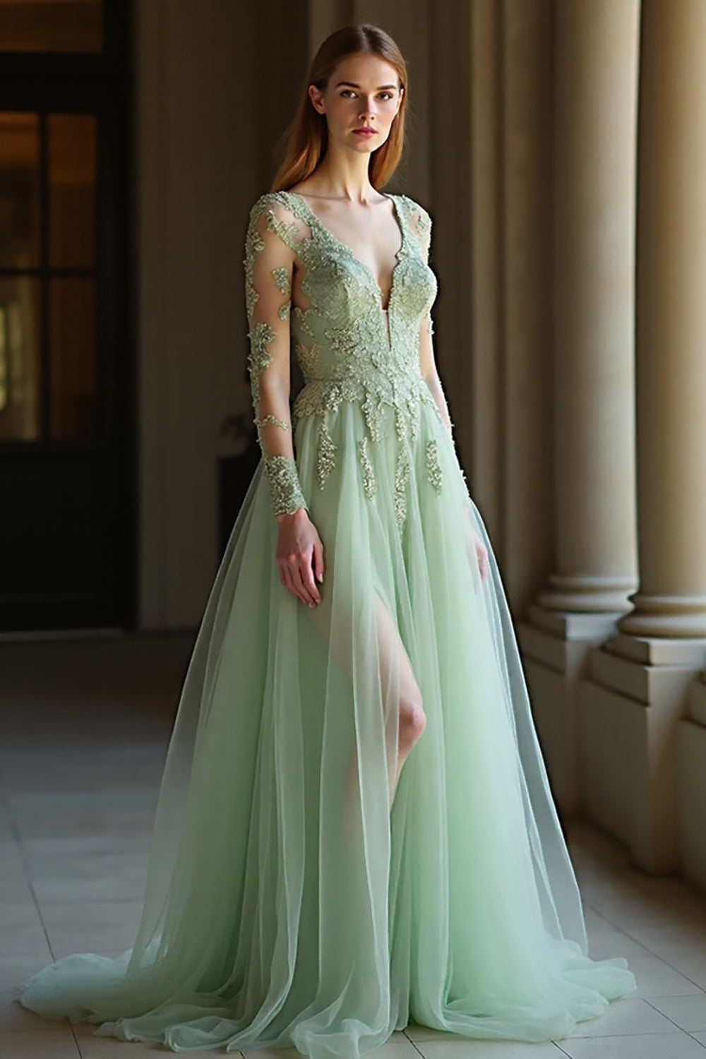 Sage V-Neck A Line Prom Dress with Long Sleeves