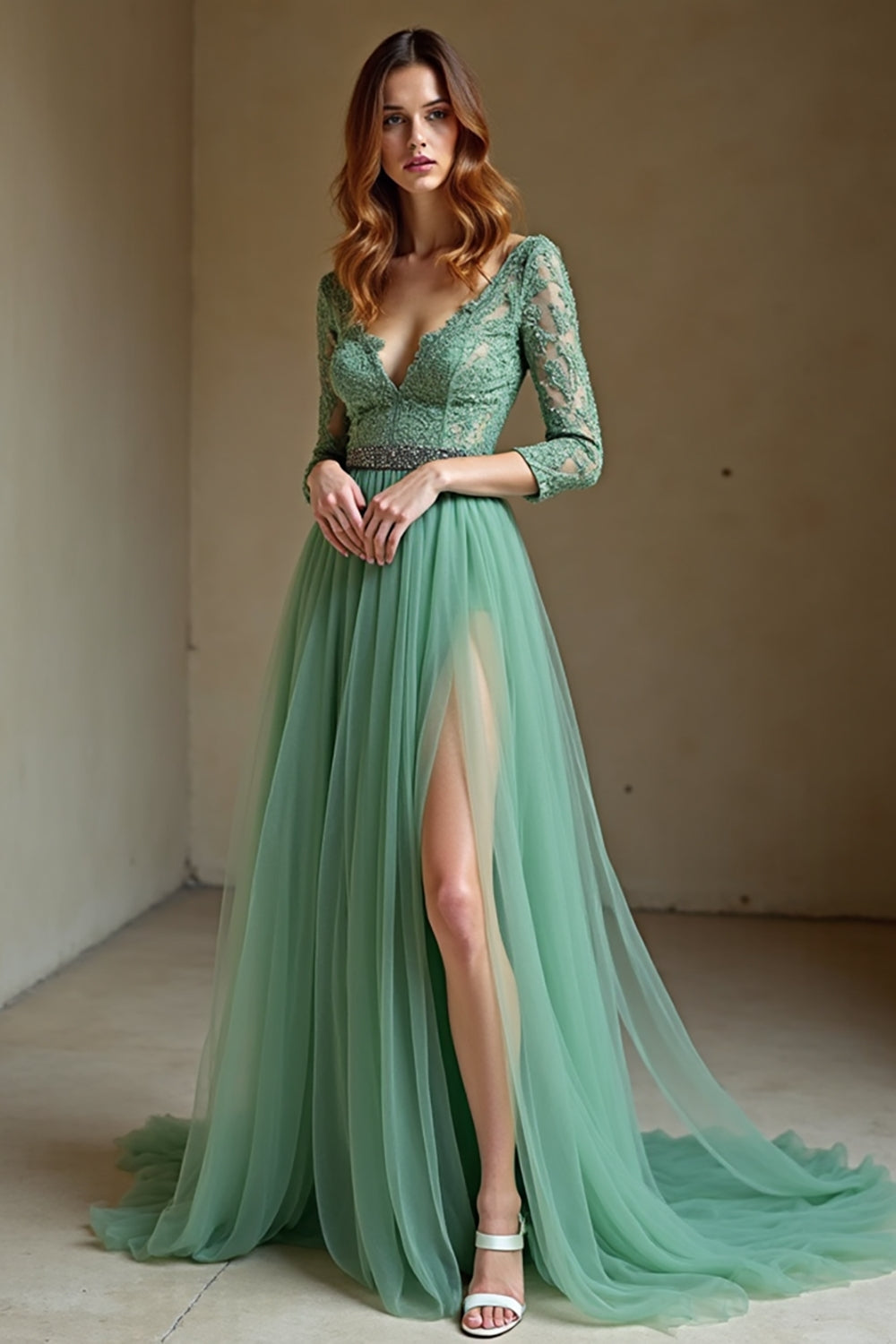 Appliqued Agave V-Neck Tulle A Line Prom Dress with Slit