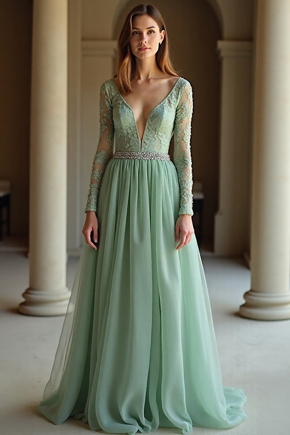 Sage V-Neck Long Sleeves A Line Prom Dress with Appliques