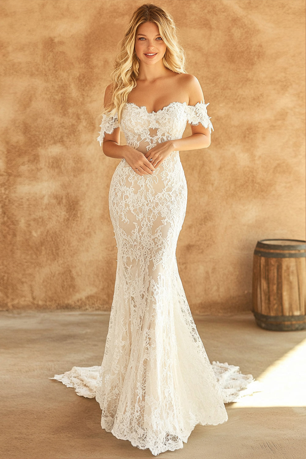 White Lace Mermaid Off the Shoulder Sweep Train Wedding Dress