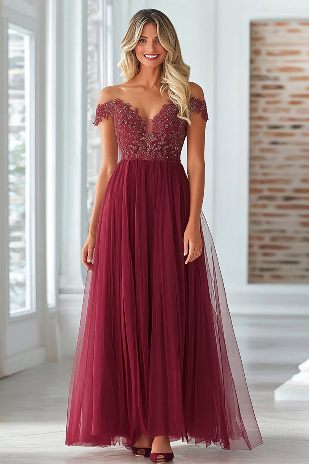 Off The Shoulder Elegant Burgundy Lace Mother of the Bride Dress with Tulle