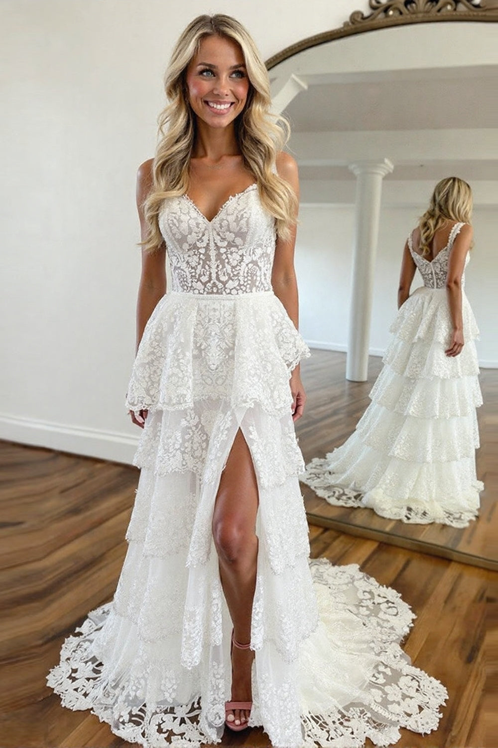 White Lace Corset Tiered A Line Long Prom Dress with Slit