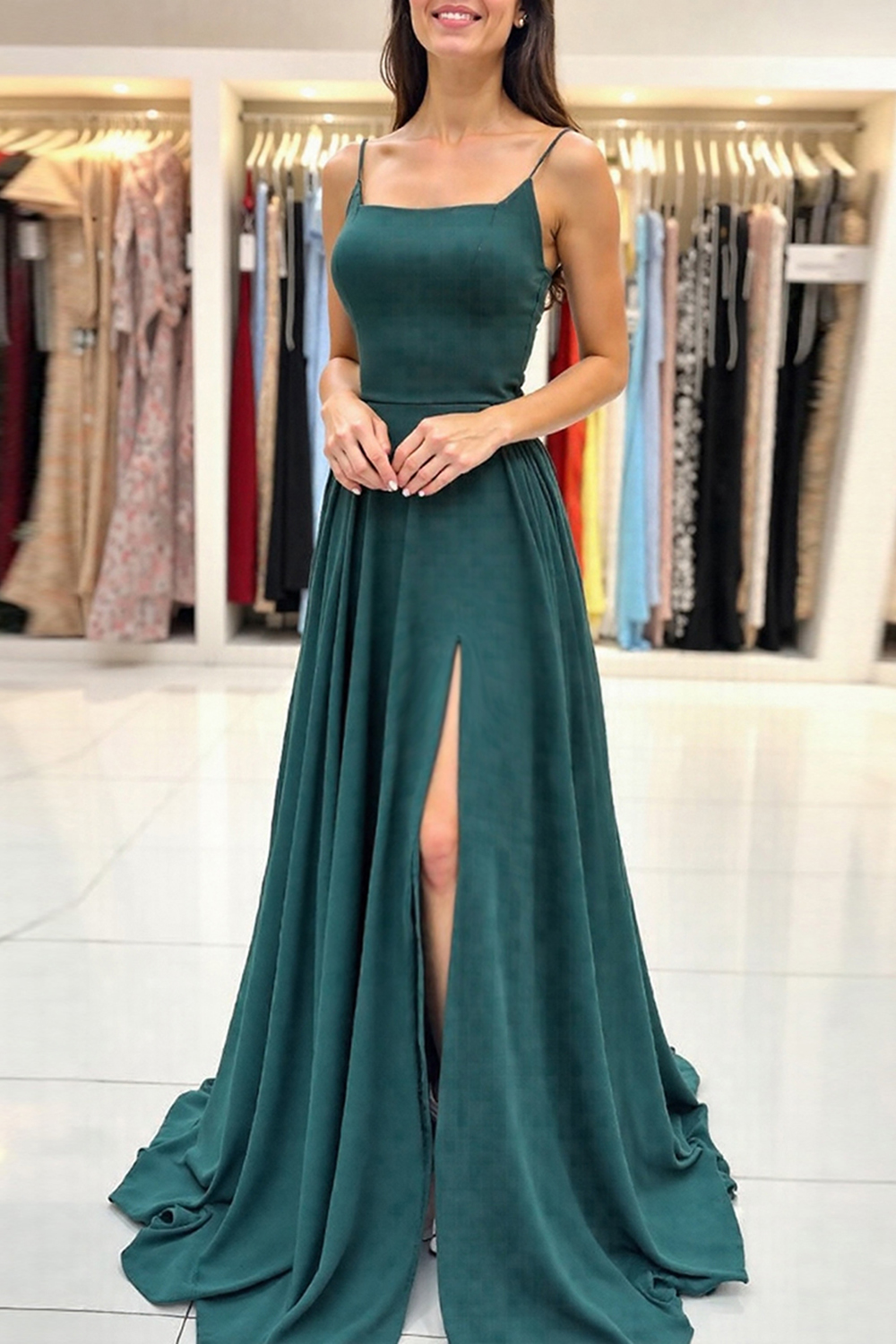 Simple Dark Green Spaghetti Straps A Line Long Prom Dress with Slit