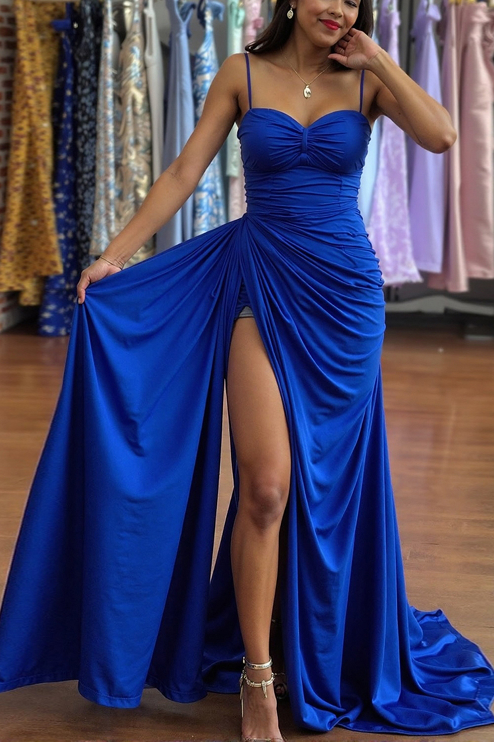 Royal Blue Spaghetti Straps Ruched Long Side Cape Prom Dress with Slit