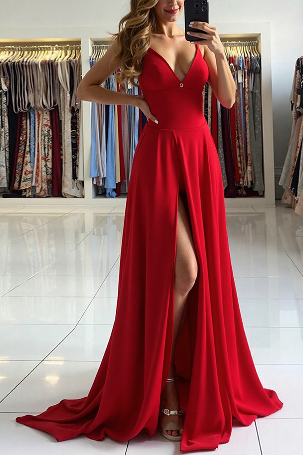 Deep V-Neck Red A Line Long Prom Dress with Slit