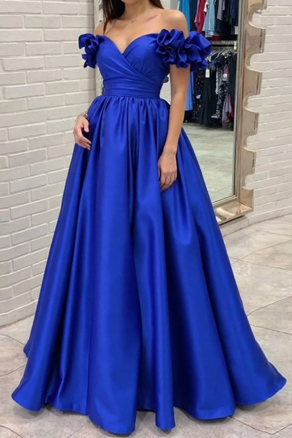 Off The Shoulder Royal Blue Satin Ball Gown Prom Dress