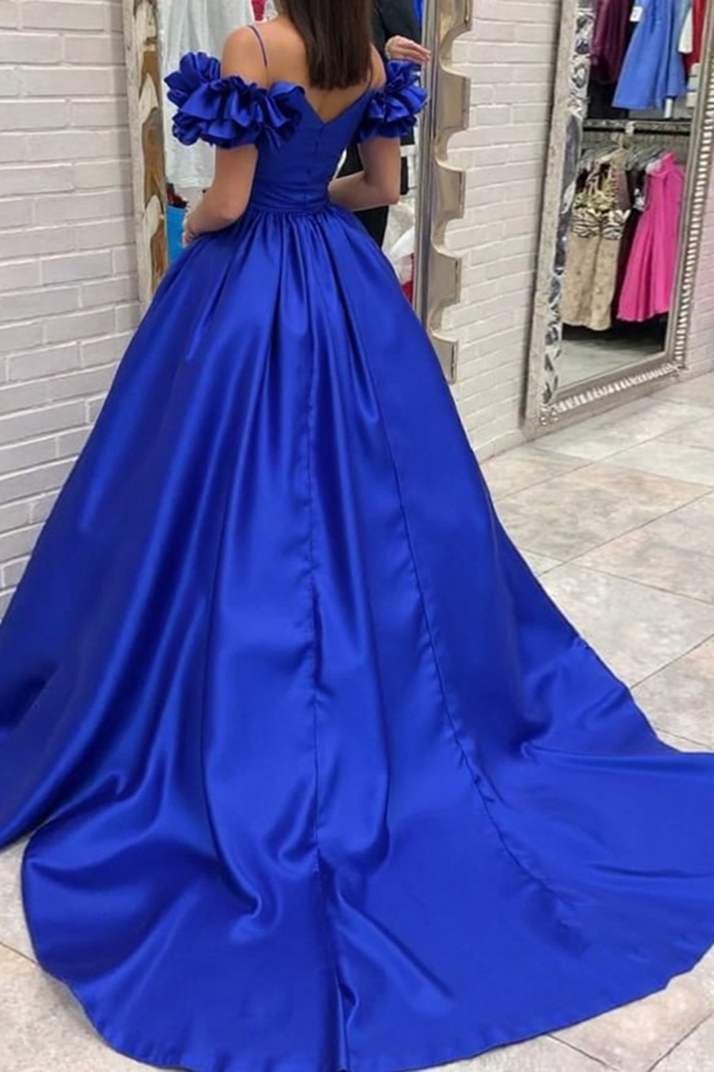 Off The Shoulder Royal Blue Satin Ball Gown Prom Dress