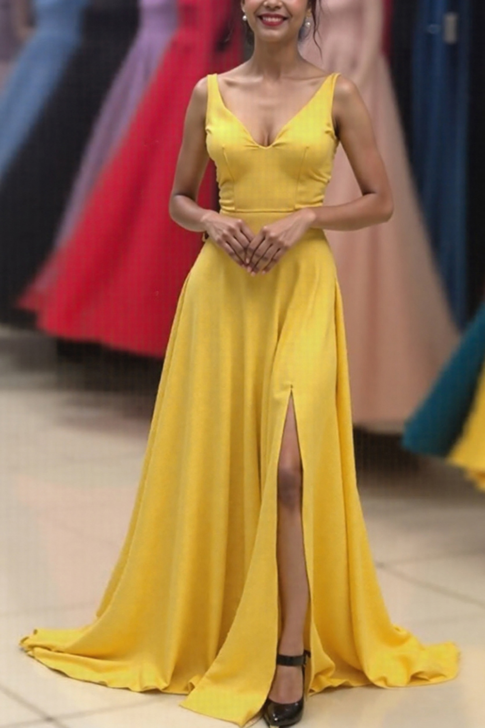 Satin Yellow A Line V-Neck Long Prom Dress with Slit