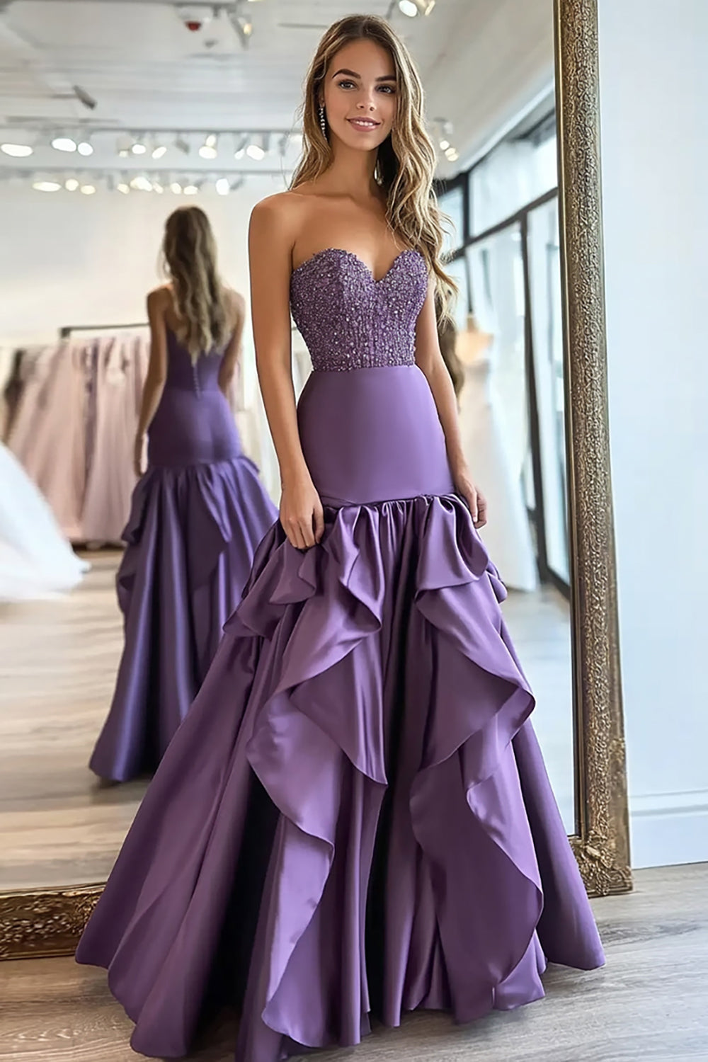 Satin Strapless Beaded Plum A Line Long Prom Dress with Ruffles