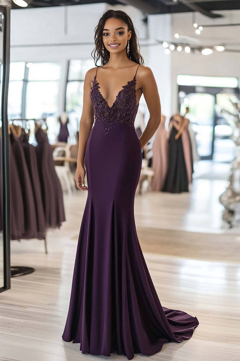 V-Neck Dark Purple Long Mermaid Prom Dress with Lace