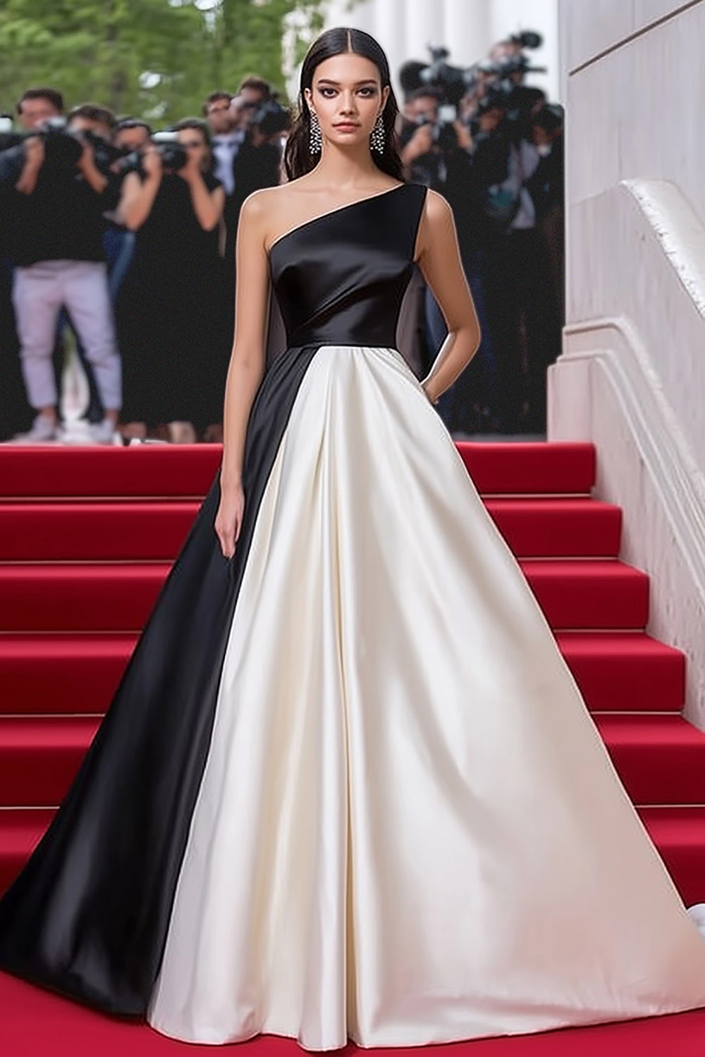 One Shoulder Satin Black White A Line Red Carpet Dress