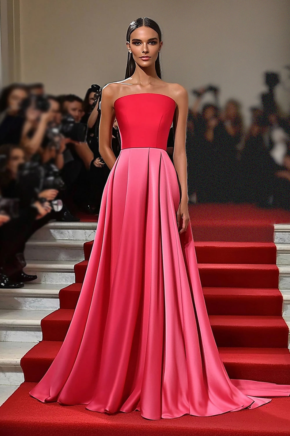 Strapless Satin Red Pink A Line Long Red Carpet Dress