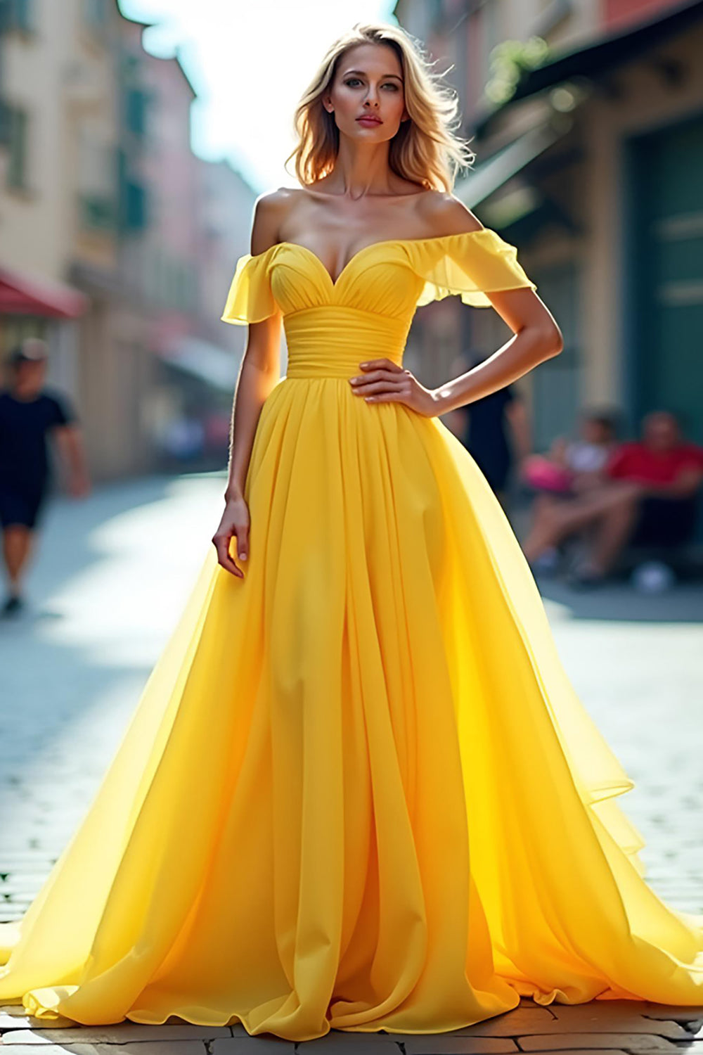 Off the Shoulder Yellow A Line Tulle Long Prom Dress