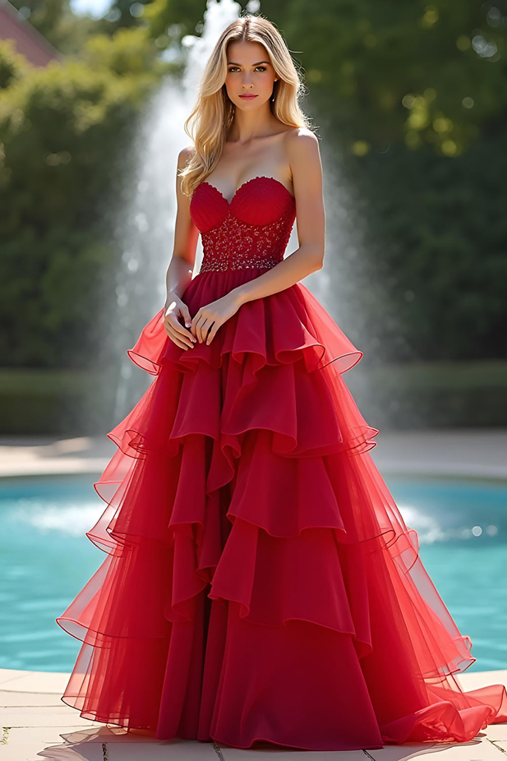 Red A Line Sparkly Sweetheart Tiered Long Prom Dress with Beading