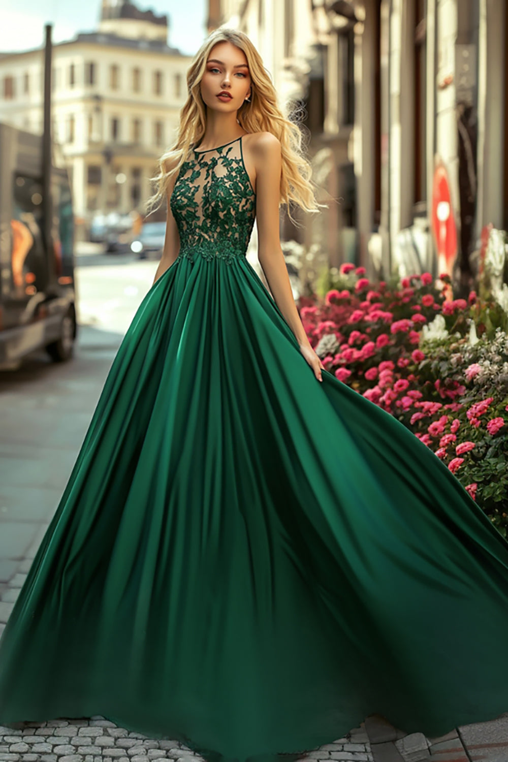 A Line Long Dark Green Halter Satin Prom Dress with Lace Appliques