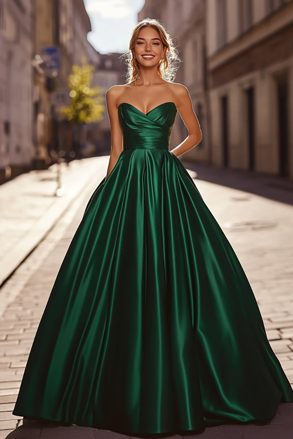 Sweetheart Dark Green A Line Ruched Satin Prom Dress