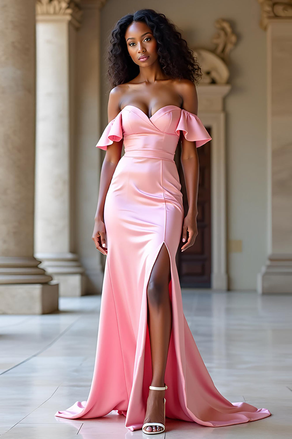 Sweetheart Ruffled Pink Sheath Long Prom Dress with Slit