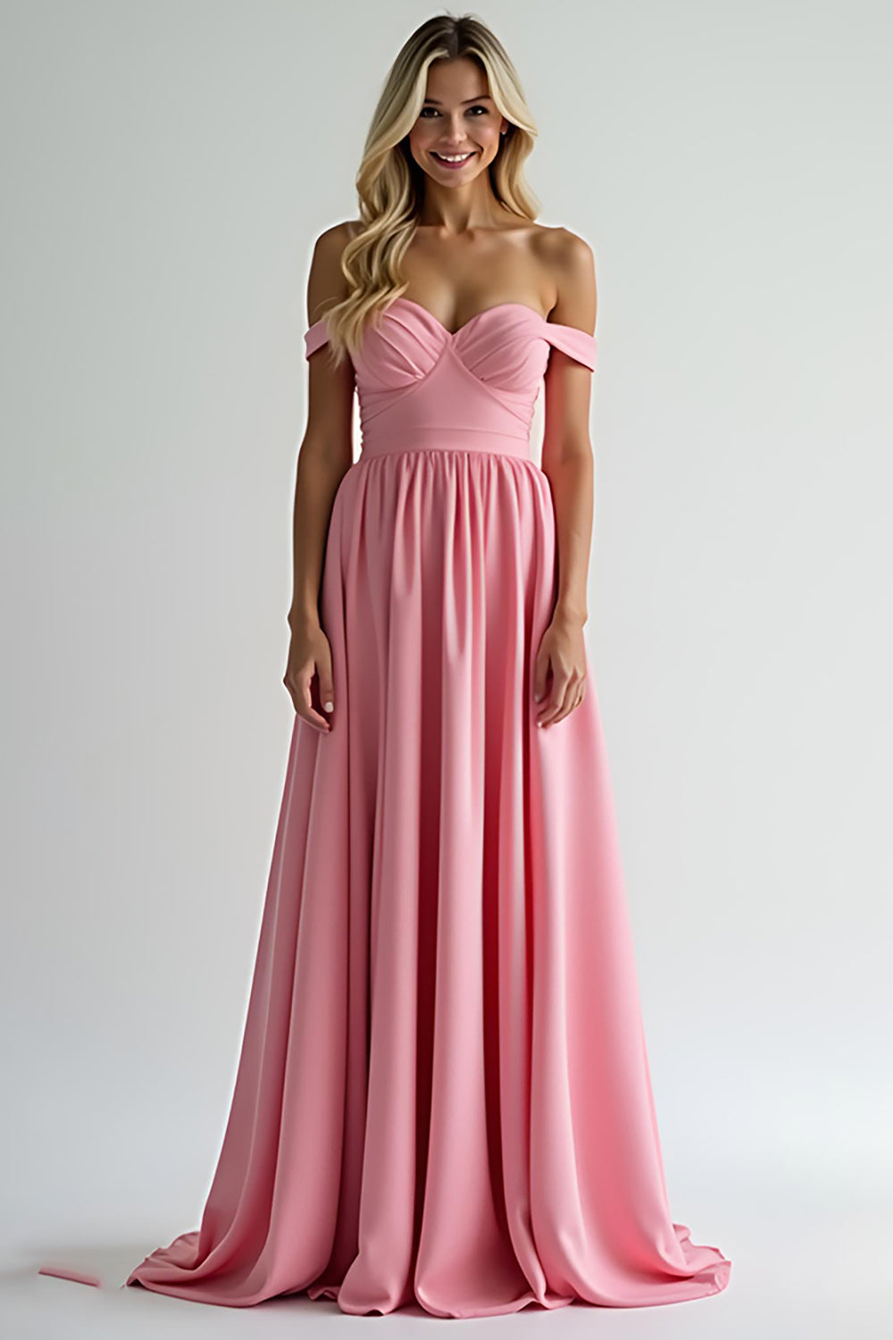 Watermelon A Line Satin Off the Shoulder Long Bridesmaid Dress