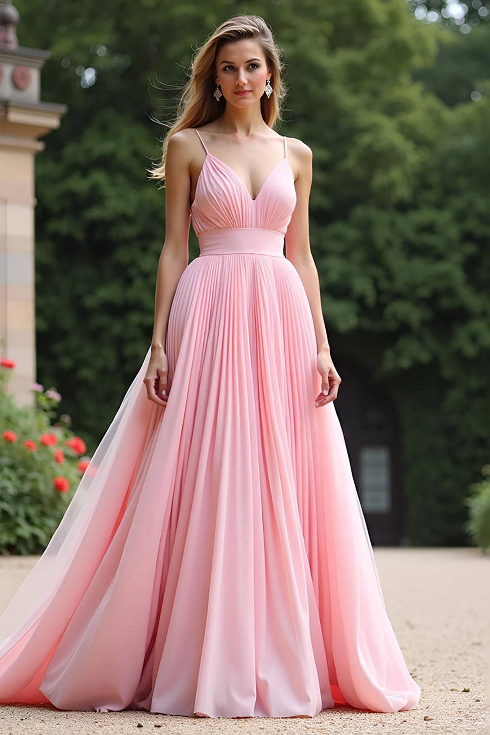 Pink V-Neck A Line Ruched Long Formal Dress