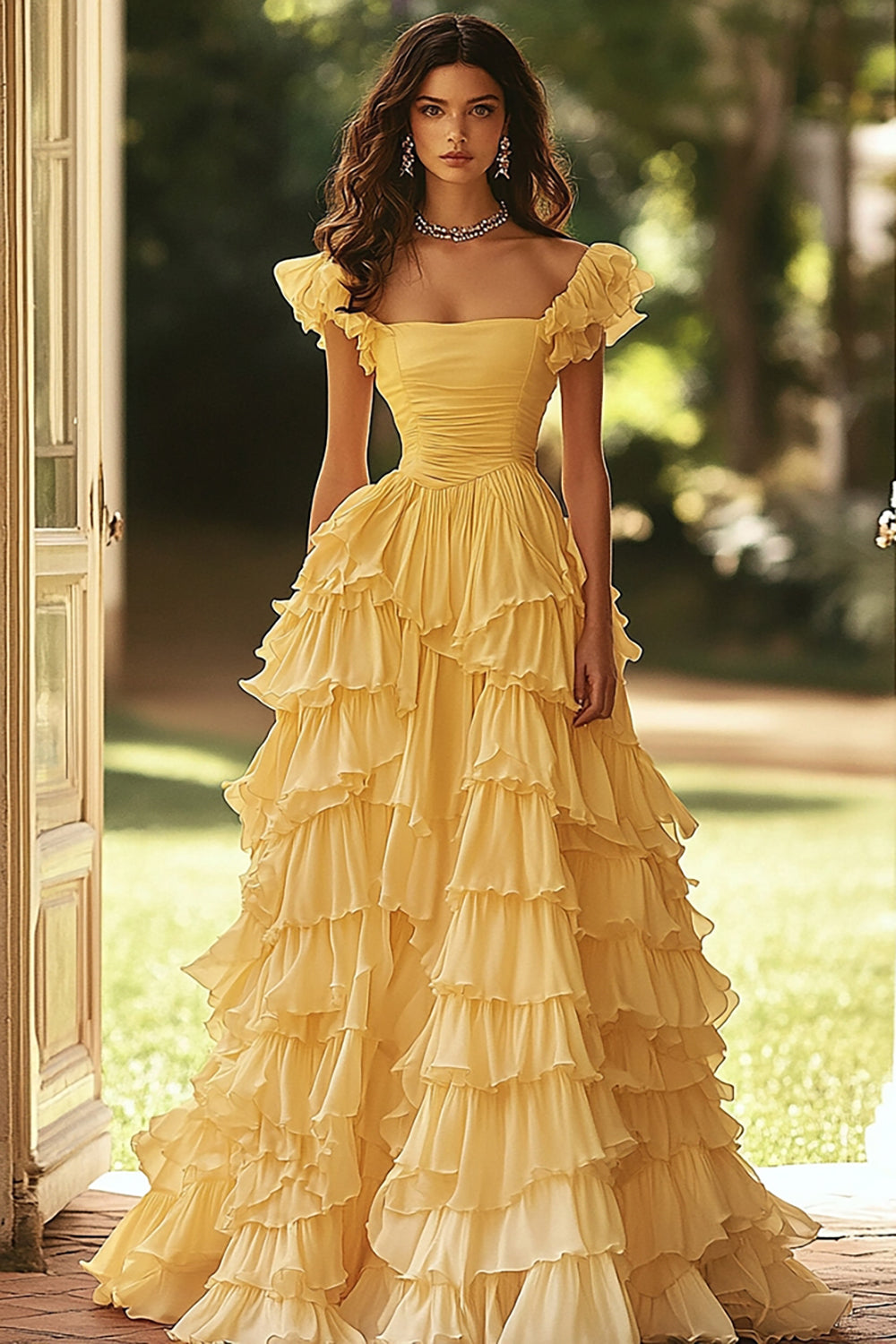 Tiered Ruched Light Yellow A Line Long Prom Dress with Ruffles
