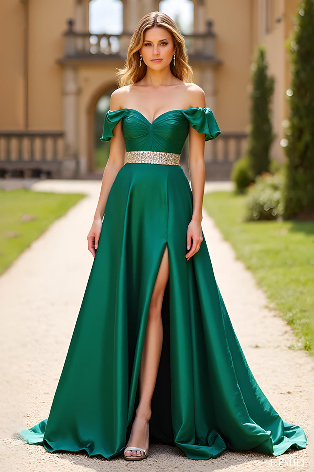 Off the Shoulder Dark Green A Line Long Satin Beaded Prom Dress with Slit