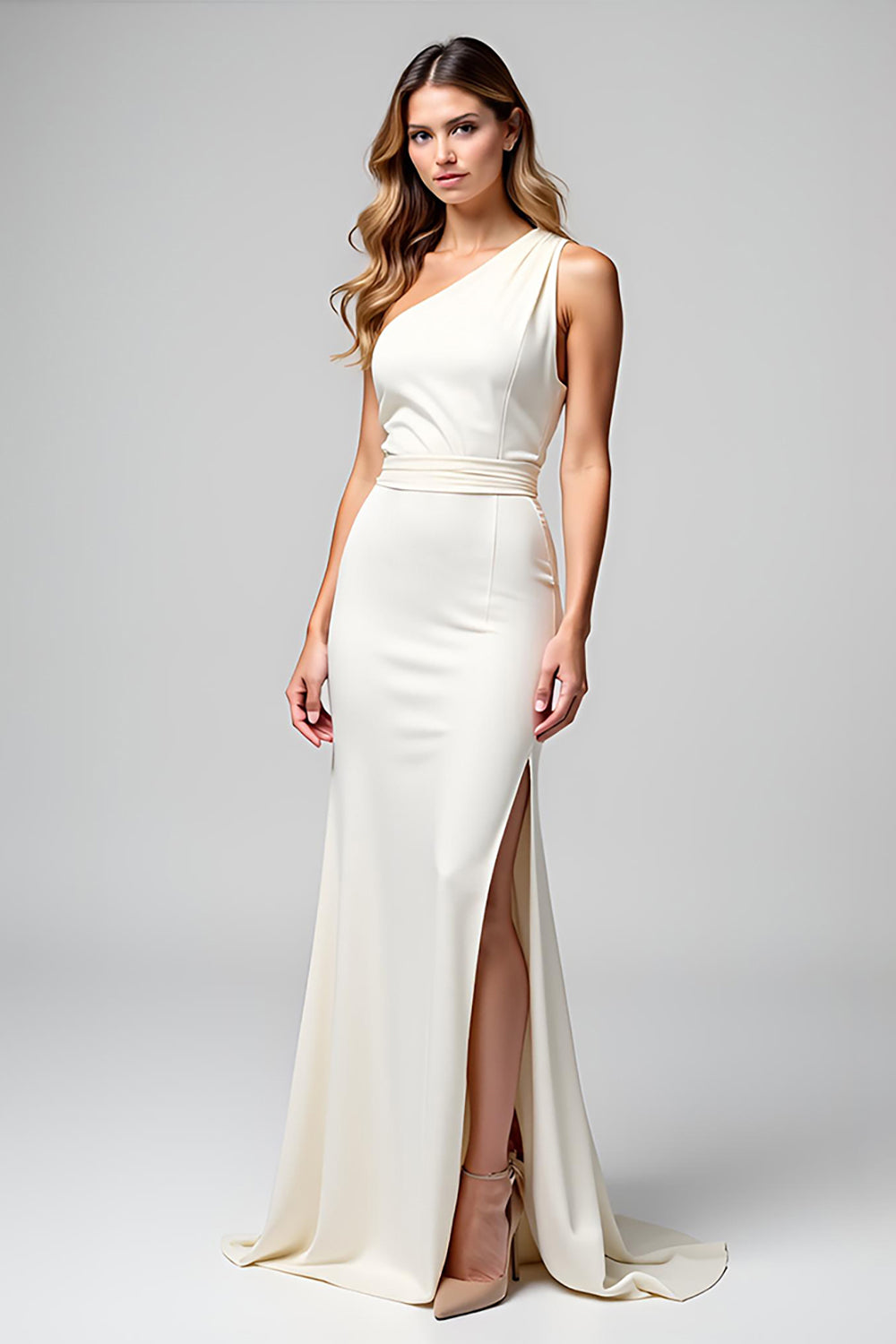 One Shoulder Ivory Sheath Long Graduation Dress with Slit