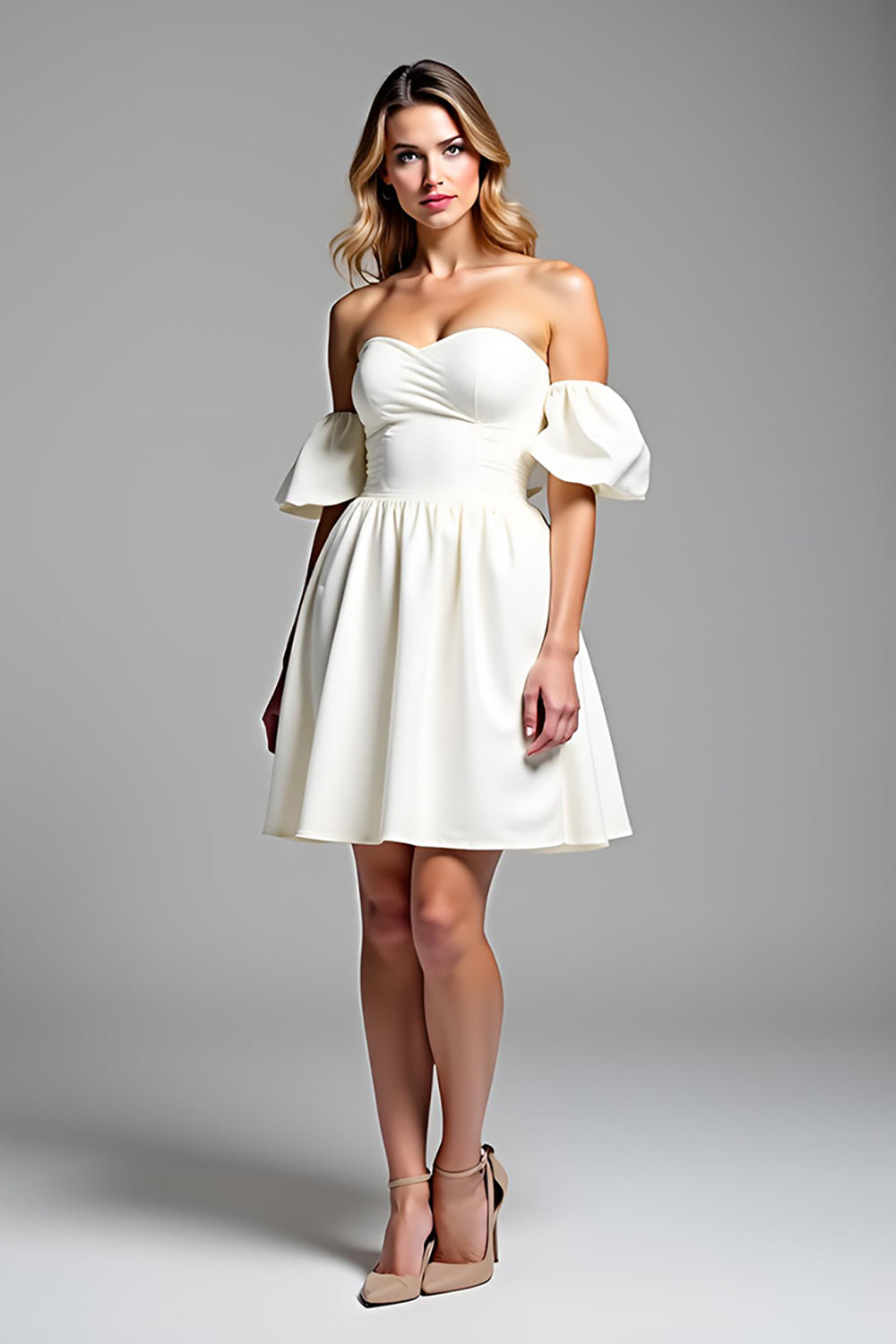 Off the Shoulder A Line White Satin Short Graduation Dress