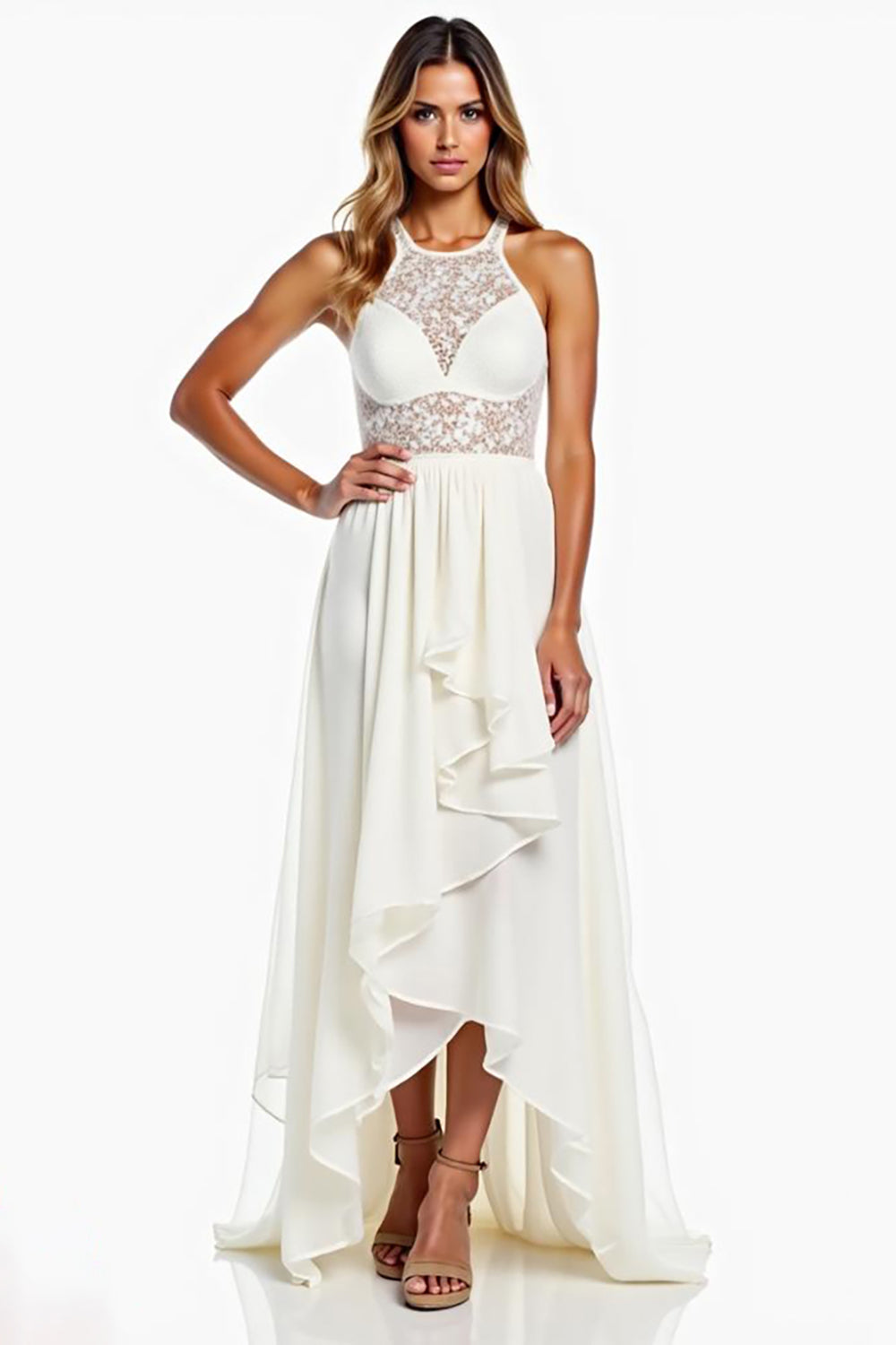 White A Line Halter Neck High-Low Graduation Dress