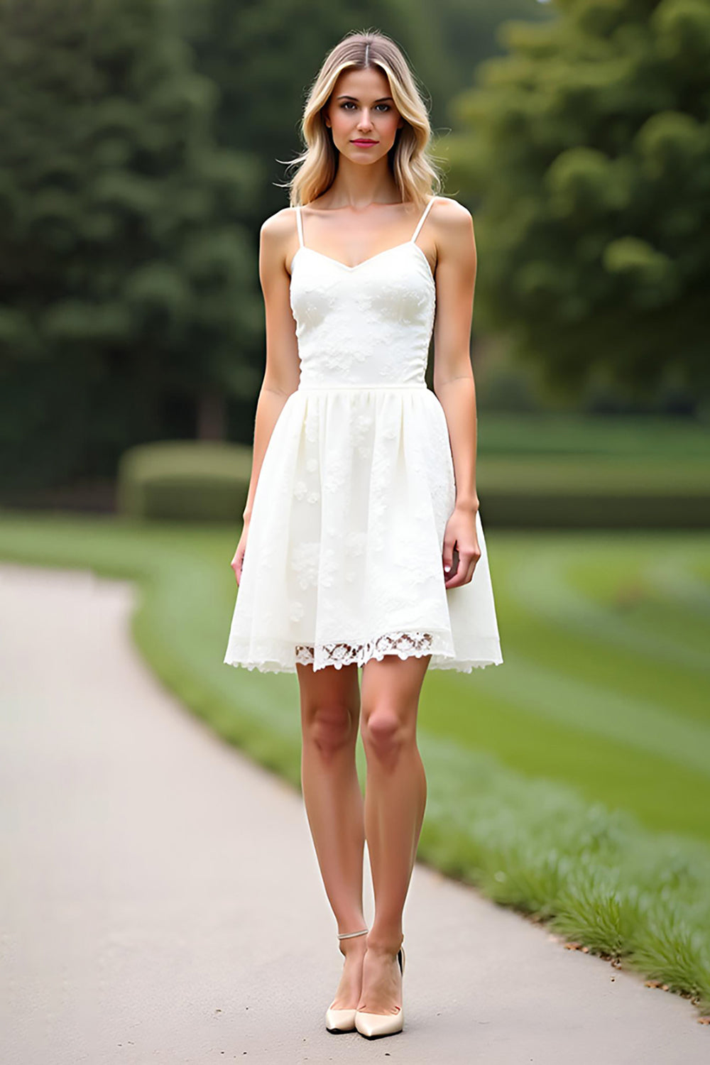 Spaghetti Straps White A Line Lace Short Graduation Dress