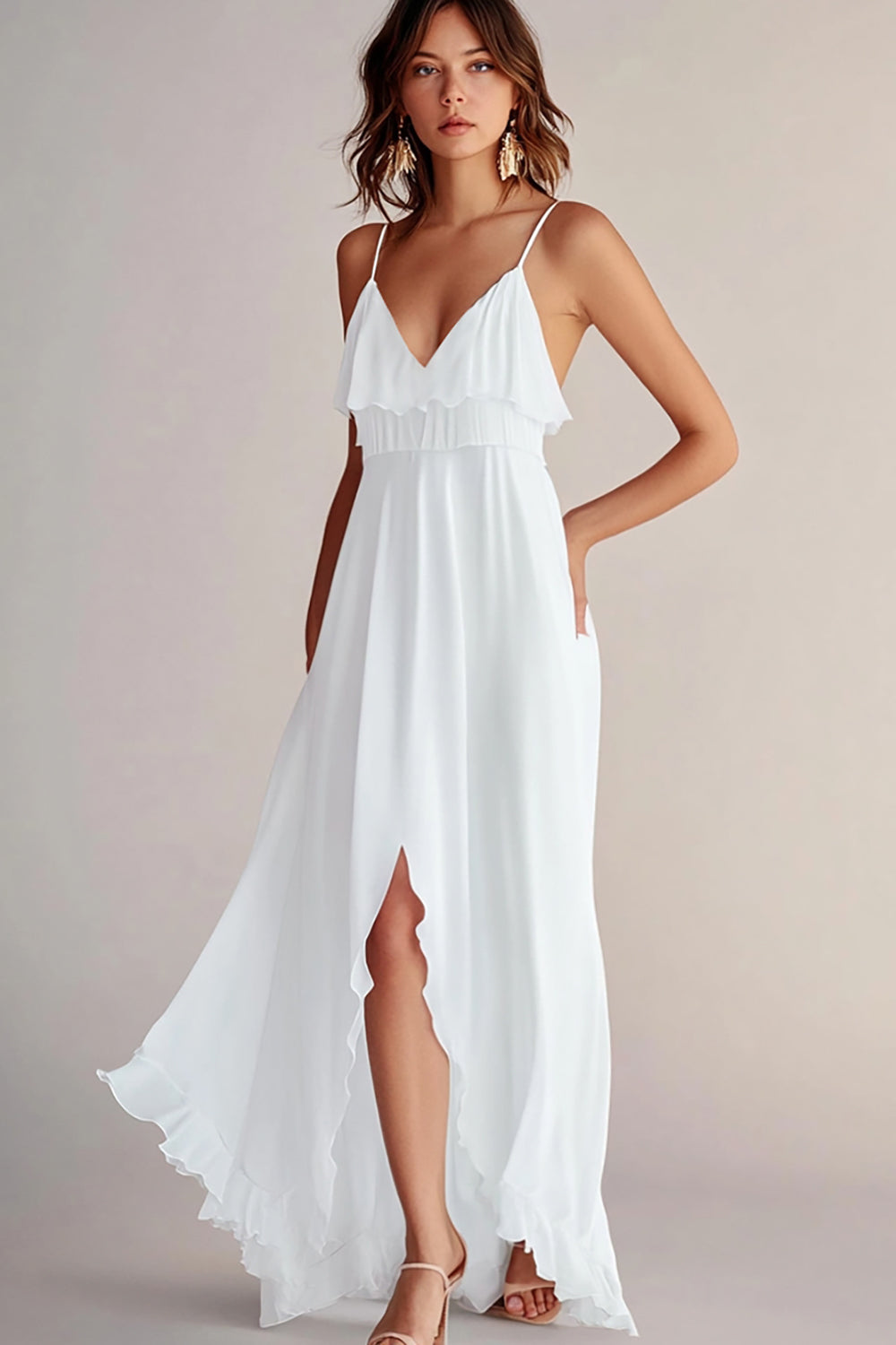 V-Neck White Flowy Graduation Dress with Slit