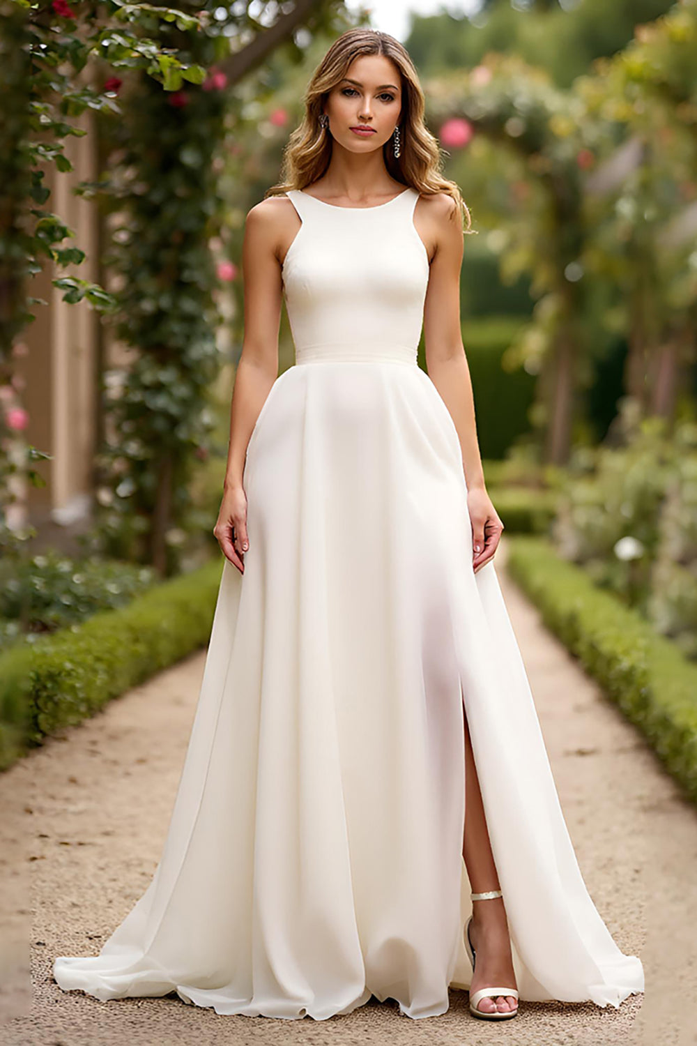 A Line Ivory Sleeveless Long Graduation Dress with Slit