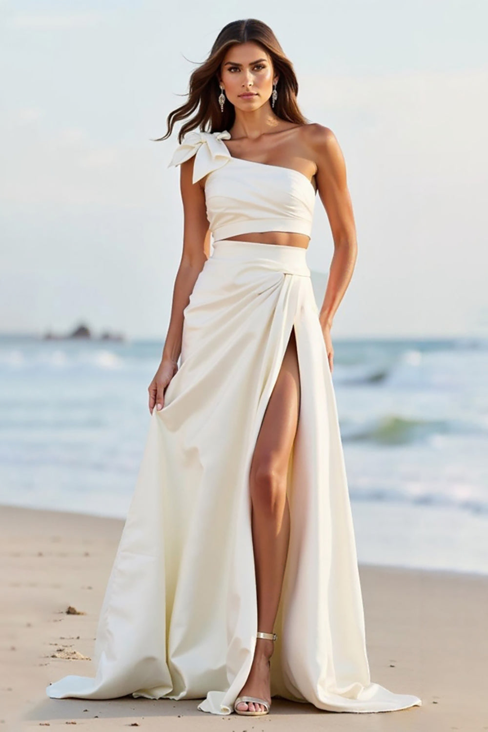 One Shoulder White Satin Long Formal Dress with Slit