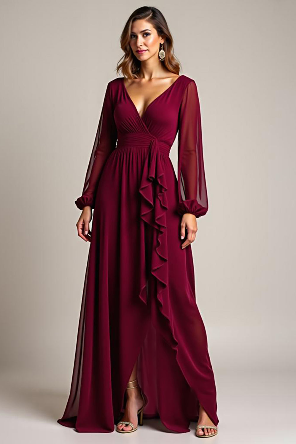 Chiffon Long Burgundy Formal Dress with Ruffles