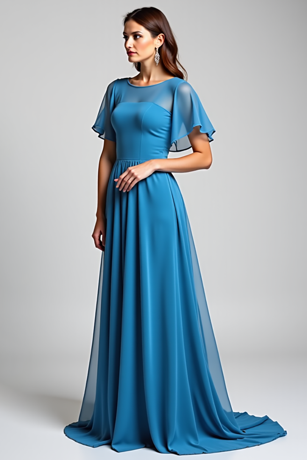 Blue Long Chiffon A Line Formal Dress with Short Sleeves