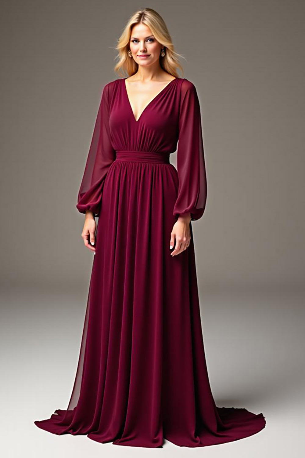 Burgundy Chiffon V-Neck Ruched Long Formal Dress